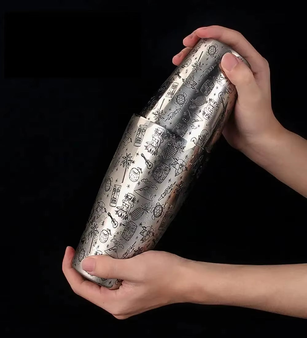 Stainless Steel Boston Shaker Tin with Etched Pattern Cocktail Shaker Martini Shaker Drink Mixer Professional Bartender Kits